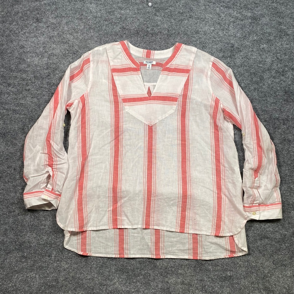 Old Navy Womens XL Linen Blend Striped Tunic Top Coral Pink White Long Sleeve